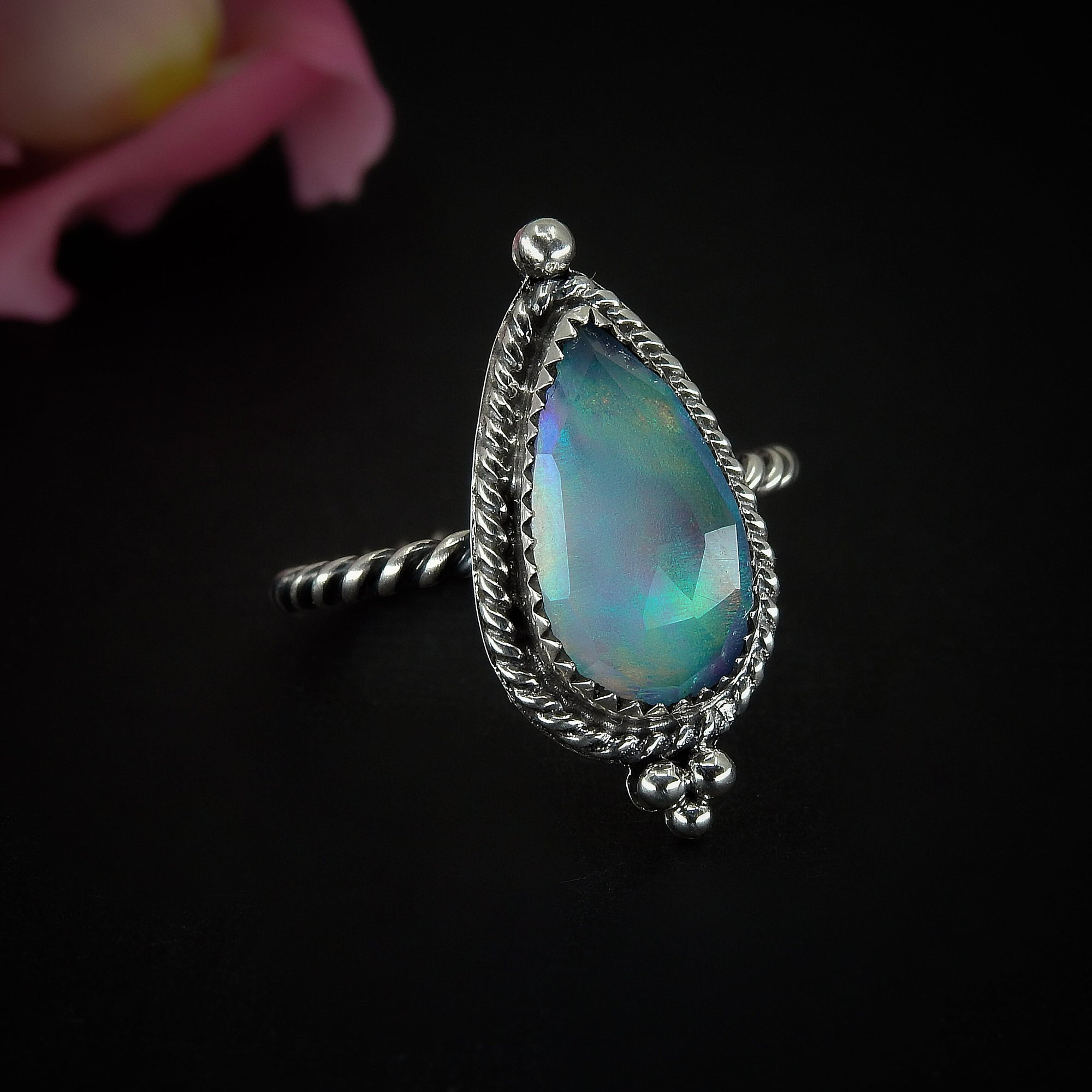 Rose Cut Clear Quartz & Aurora Opal Ring - Size 8 1/4 