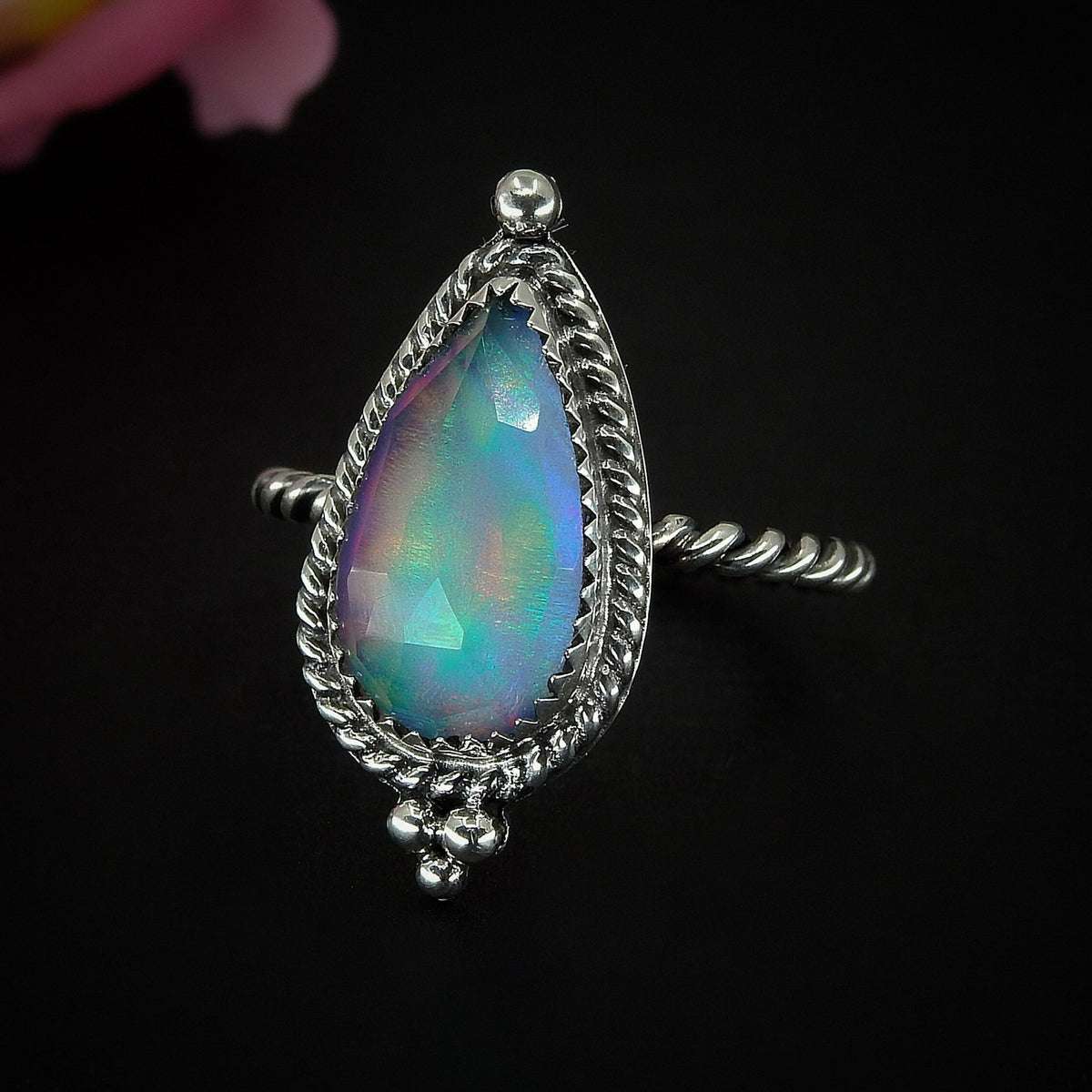 Rose Cut Clear Quartz & Aurora Opal Ring - Size 8 1/4 