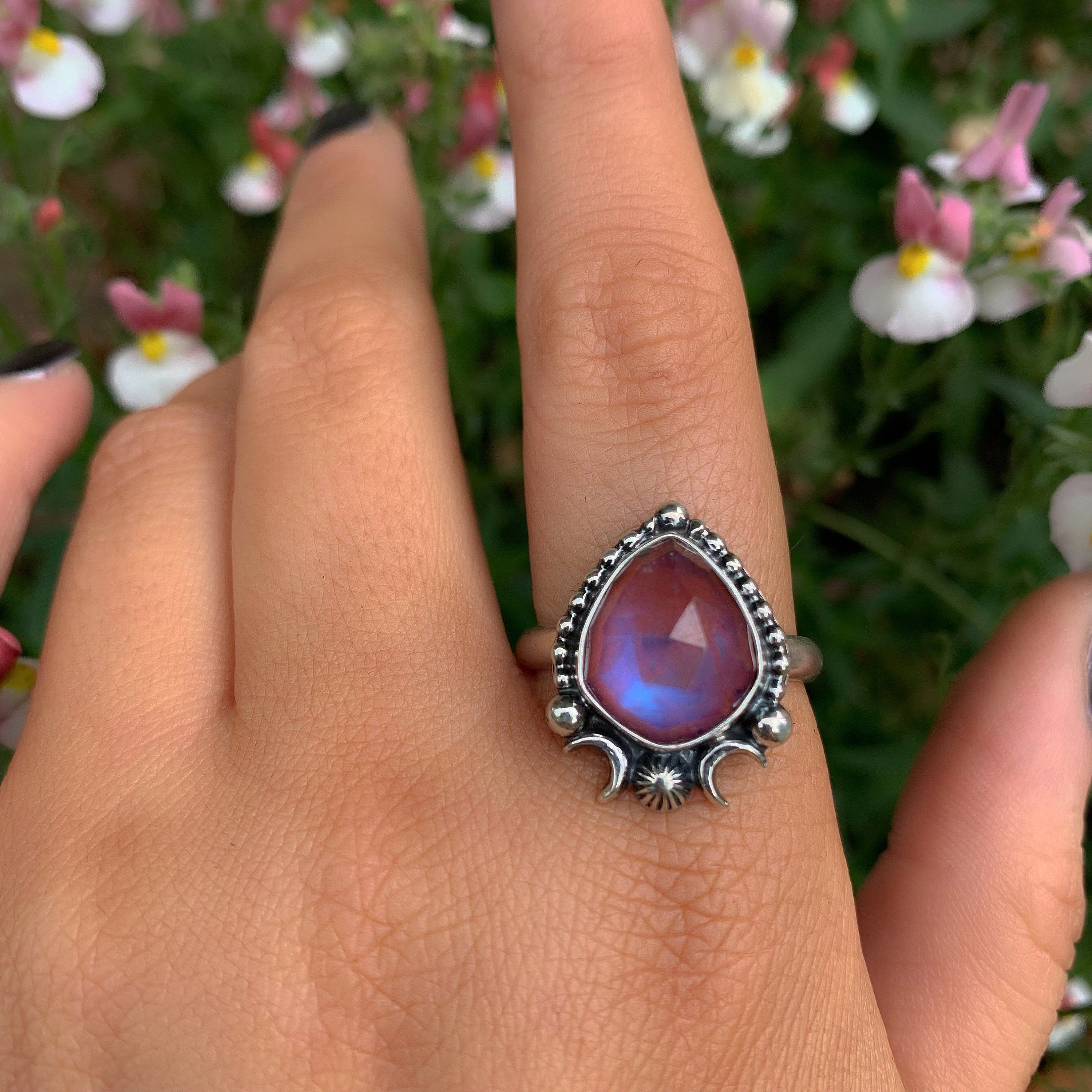 Rose Cut Moonstone & Red Jasper Ring - Size 10 1/2 