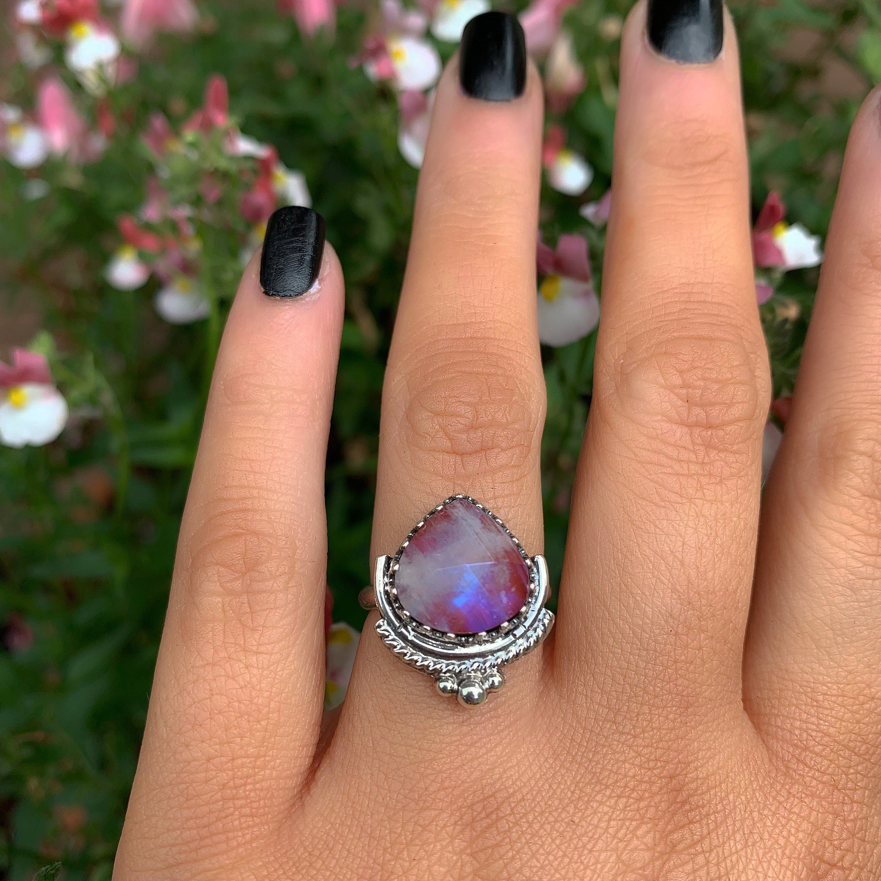 Rose Cut Moonstone & Red Jasper Ring - Size 6 1/4 to 6 1/2 