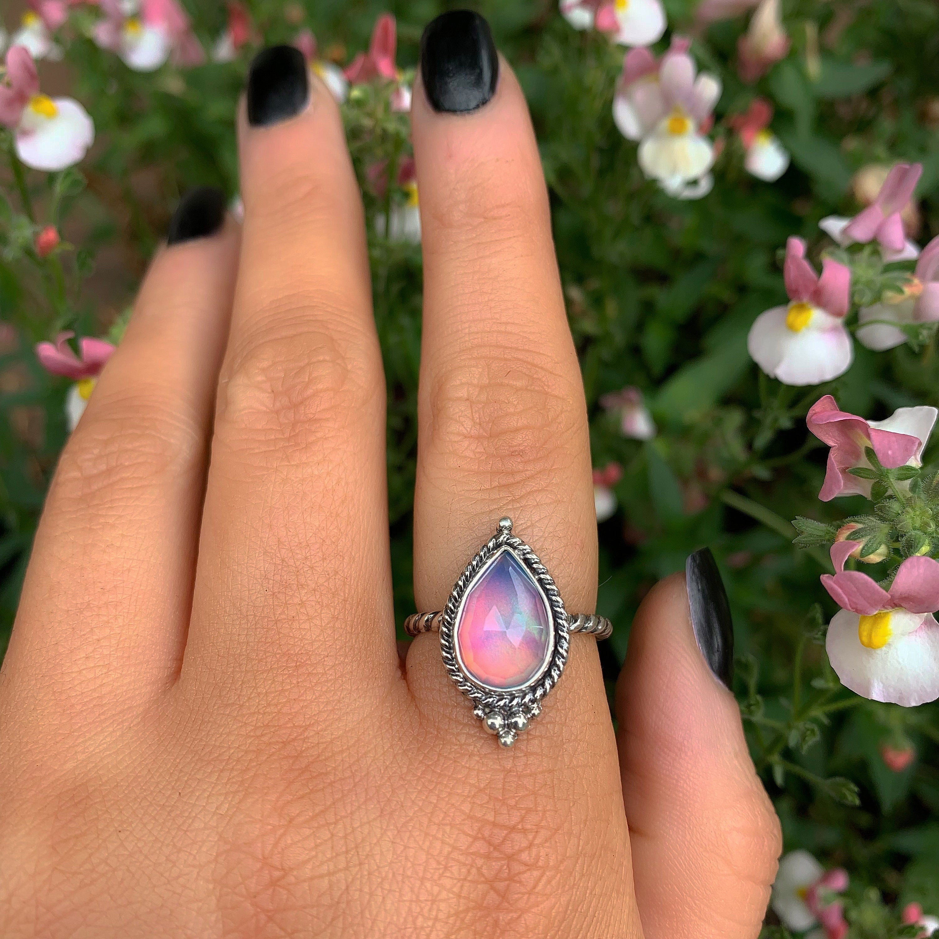 Rose Cut Clear Quartz & Aurora Opal Ring - Size 7 