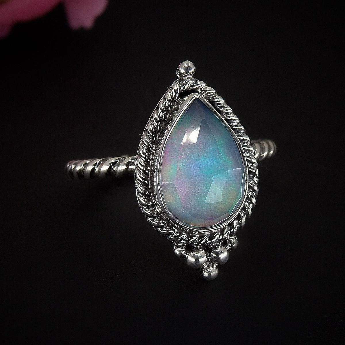 Rose Cut Clear Quartz & Aurora Opal Ring - Size 7 