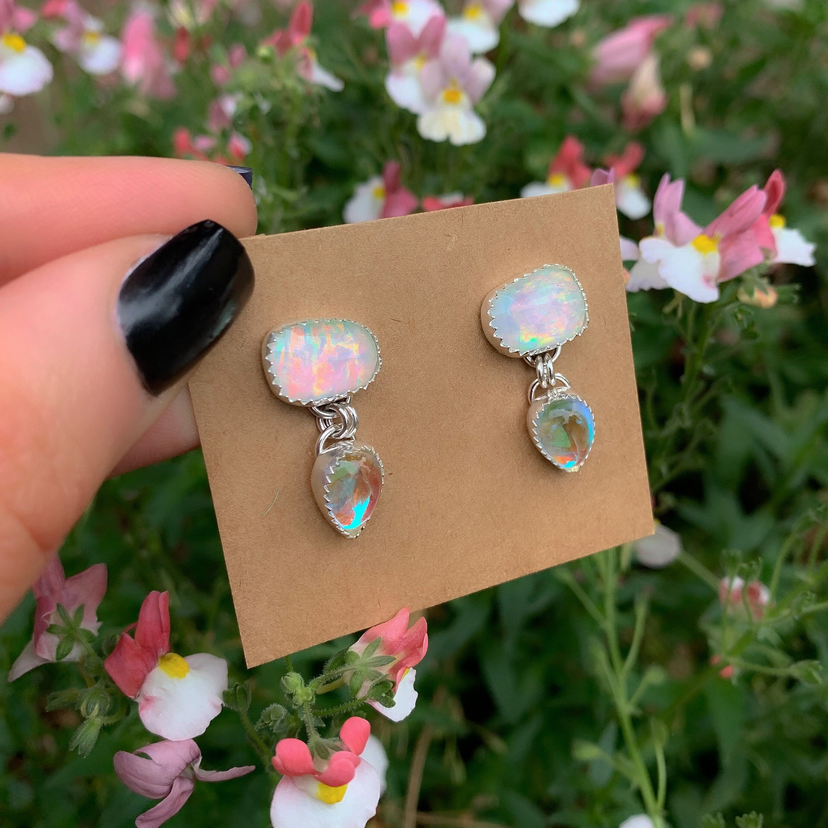 Rose Cut Clear Quartz with Aurora Opal & Angel Aura Quartz Earrings - Sterling Silver 