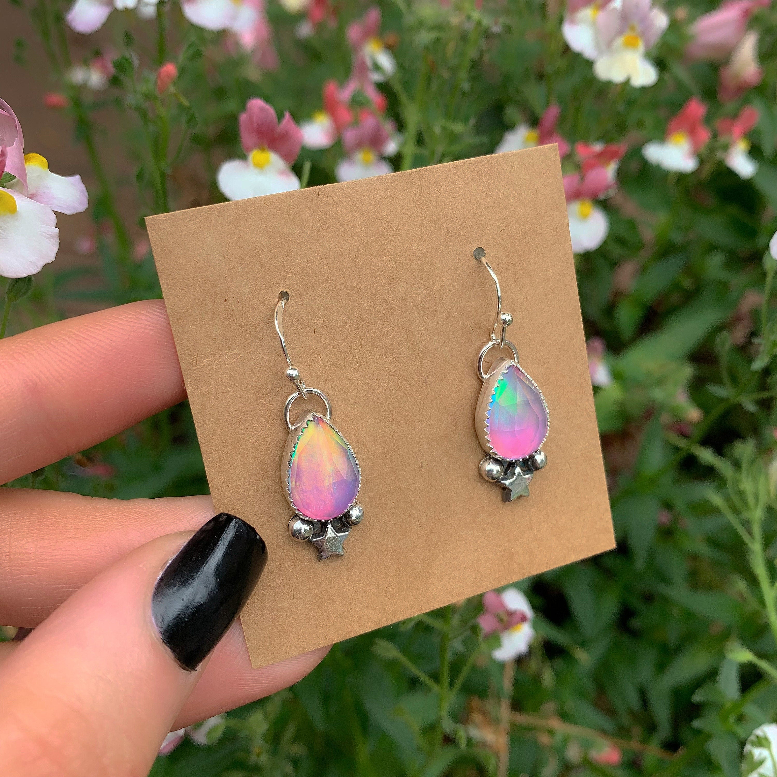 Rose Cut Clear Quartz with Aurora Opal Earrings - Sterling Silver 