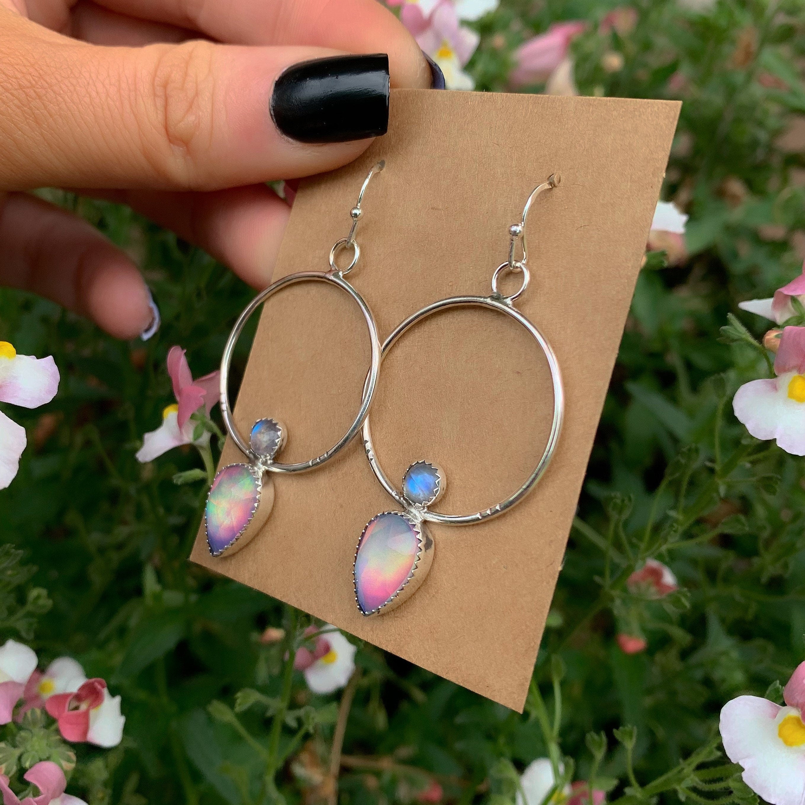 Rose Cut Clear Quartz with Aurora Opal & Moonstone Earrings - Sterling Silver 