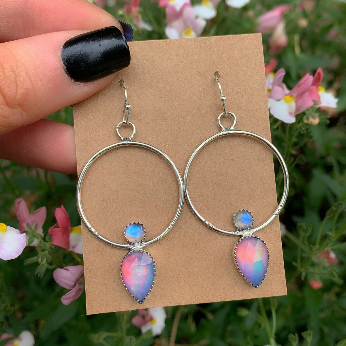 Rose Cut Clear Quartz with Aurora Opal & Moonstone Earrings - Sterling Silver 