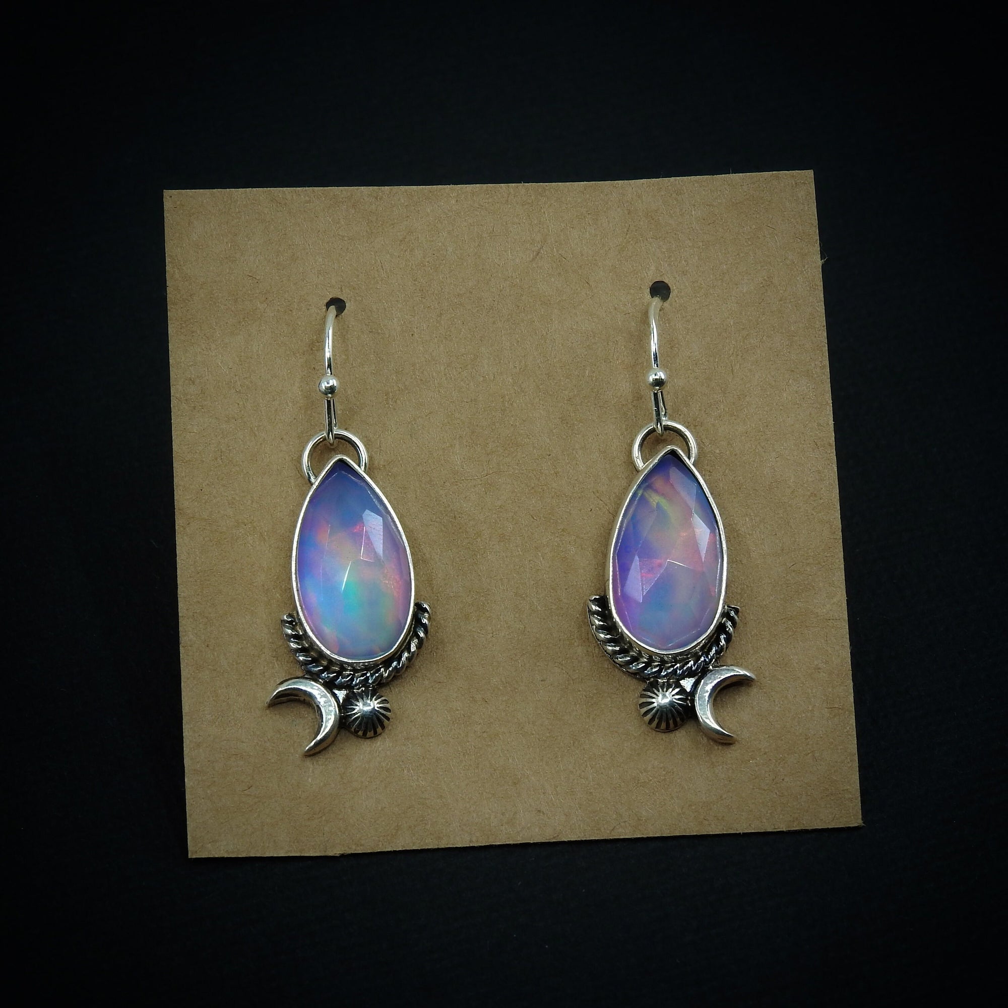 Rose Cut Clear Quartz with Aurora Opal Earrings - Sterling Silver, Pastel Rainbow Opal Crescent Moon Earrings, Rainbow Crystal Stone Dangles