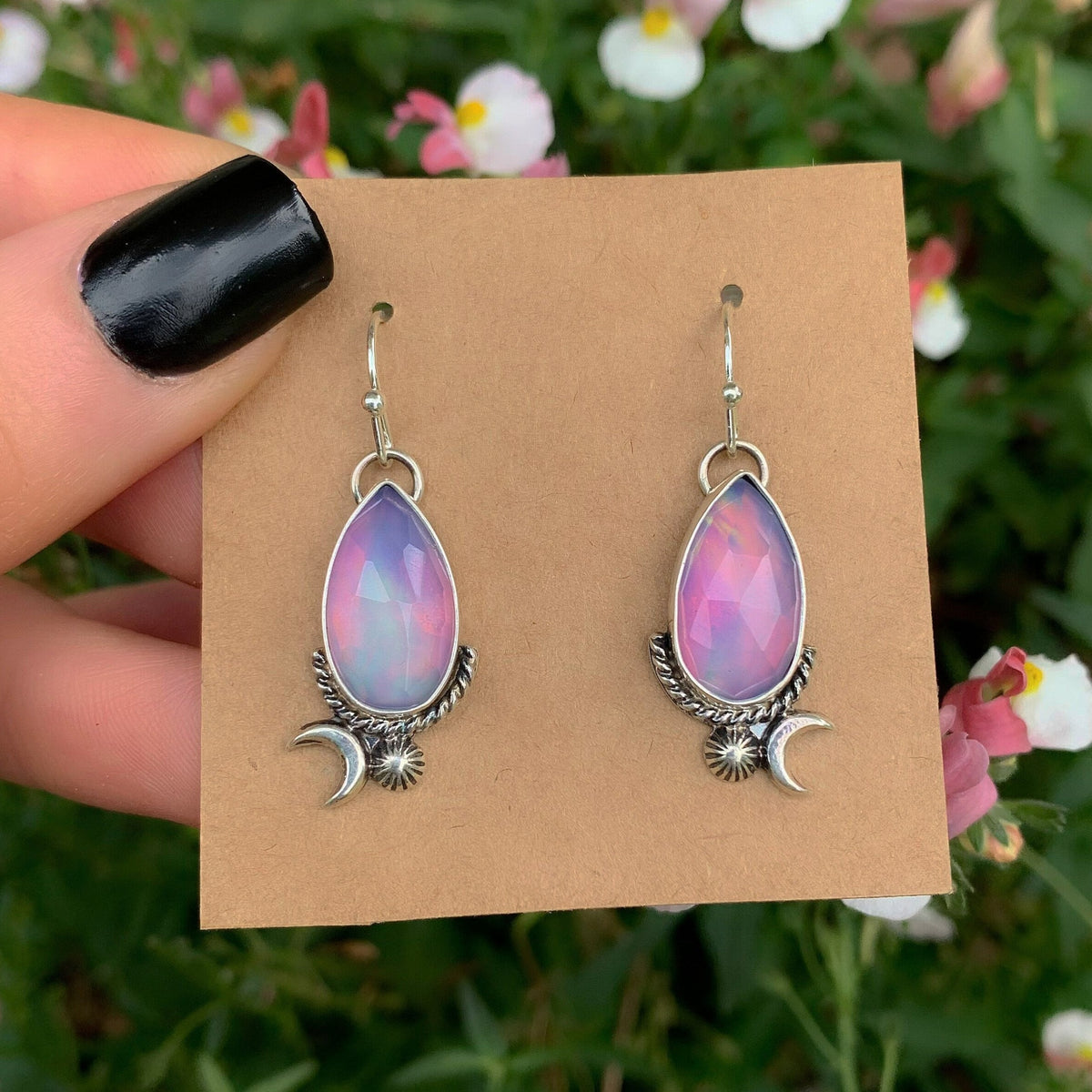 Rose Cut Clear Quartz with Aurora Opal Earrings - Sterling Silver, Pastel Rainbow Opal Crescent Moon Earrings, Rainbow Crystal Stone Dangles