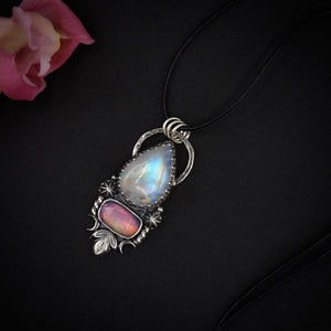 Moonstone & Rose Cut Clear Quartz with Aurora Opal Pendant - Sterling Silver 