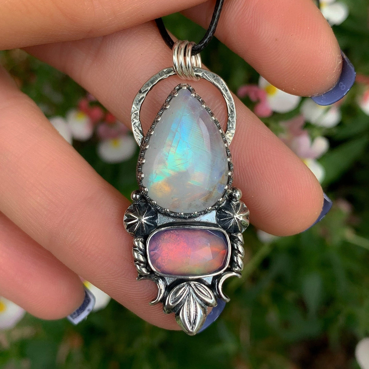 Moonstone & Rose Cut Clear Quartz with Aurora Opal Pendant - Sterling Silver 