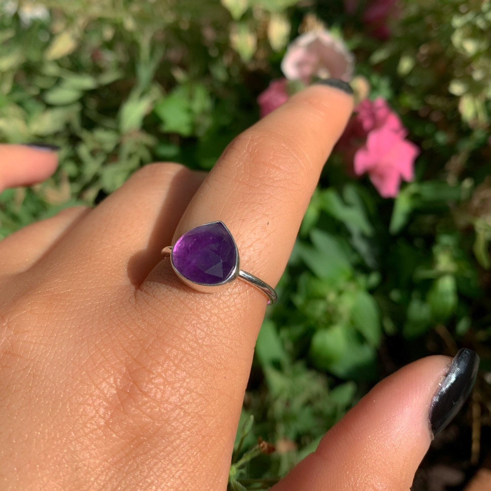 Rose Cut Amethyst Ring - Size 8 - Sterling Silver - Teardrop Amethyst Statement Ring - Purple Amethyst Jewellery. Pear Cut Amethyst Jewelry