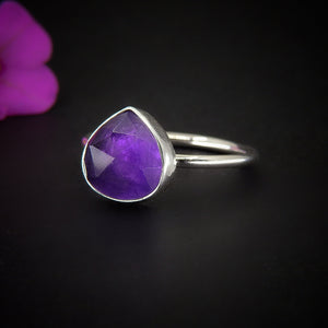 Rose Cut Amethyst Ring - Size 8 - Sterling Silver - Teardrop Amethyst Statement Ring - Purple Amethyst Jewellery. Pear Cut Amethyst Jewelry