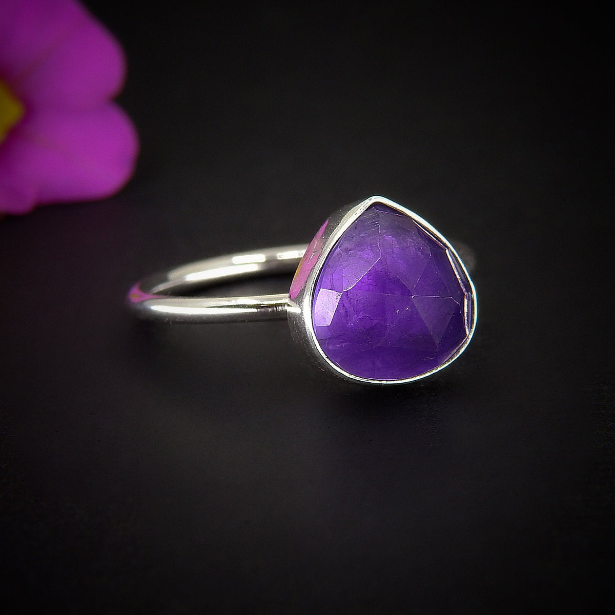 Rose Cut Amethyst Ring - Size 8 - Sterling Silver - Teardrop Amethyst Statement Ring - Purple Amethyst Jewellery. Pear Cut Amethyst Jewelry