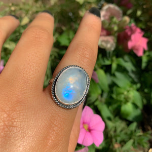 Moonstone Ring - Size 6 3/4 - Sterling Silver - Rainbow Moonstone Statement Ring - Blue Flash Moonstone Jewellery, Large Moonstone Ring OOAK