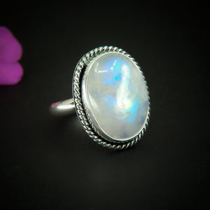 Moonstone Ring - Size 6 3/4 - Sterling Silver - Rainbow Moonstone Statement Ring - Blue Flash Moonstone Jewellery, Large Moonstone Ring OOAK