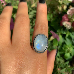 Moonstone Ring - Size 6 3/4 - Sterling Silver - Rainbow Moonstone Statement Ring - Blue Flash Moonstone Jewellery, Large Moonstone Ring OOAK