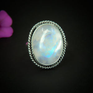 Moonstone Ring - Size 6 3/4 - Sterling Silver - Rainbow Moonstone Statement Ring - Blue Flash Moonstone Jewellery, Large Moonstone Ring OOAK