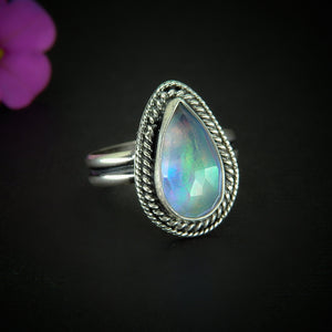 Rose Cut Clear Quartz & Aurora Opal Ring - Size 8 1/2 to 8 3/4 - Sterling Silver - Pastel Rainbow Opal Jewellery - Teardrop Rainbow Crystal