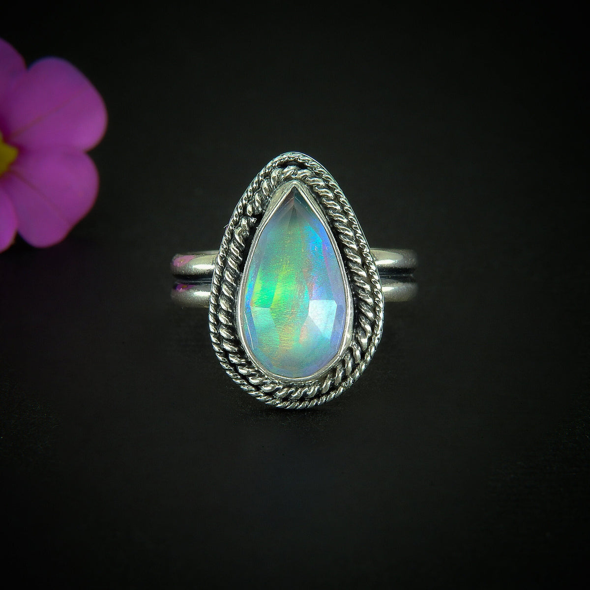 Rose Cut Clear Quartz & Aurora Opal Ring - Size 8 1/2 to 8 3/4 - Sterling Silver - Pastel Rainbow Opal Jewellery - Teardrop Rainbow Crystal