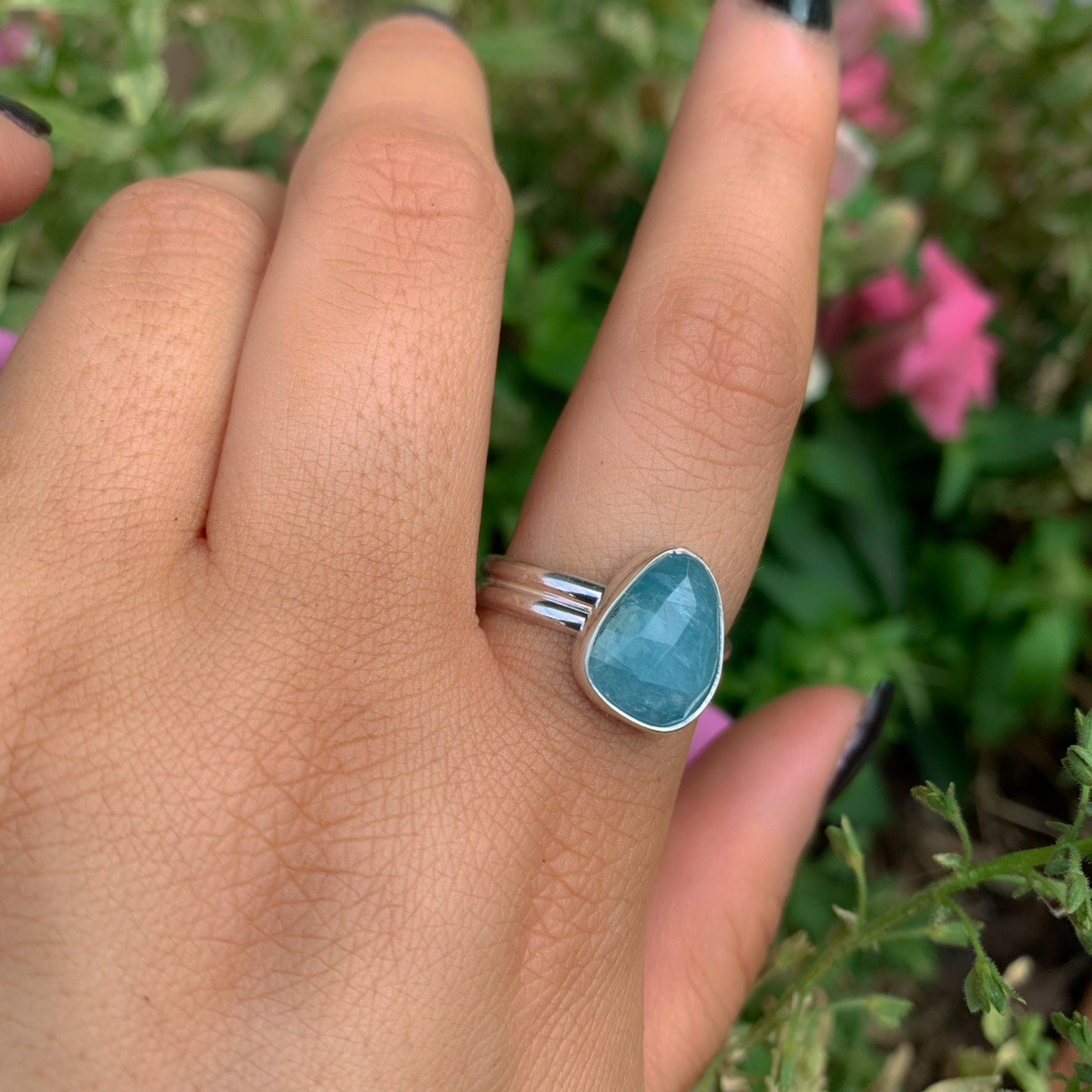 Rose Cut Aquamarine Ring - Size 10 1/4 - Sterling Silver - Aquamarine Jewellery - Blue Aquamarine Ring - Unique Aquamarine Statement Ring