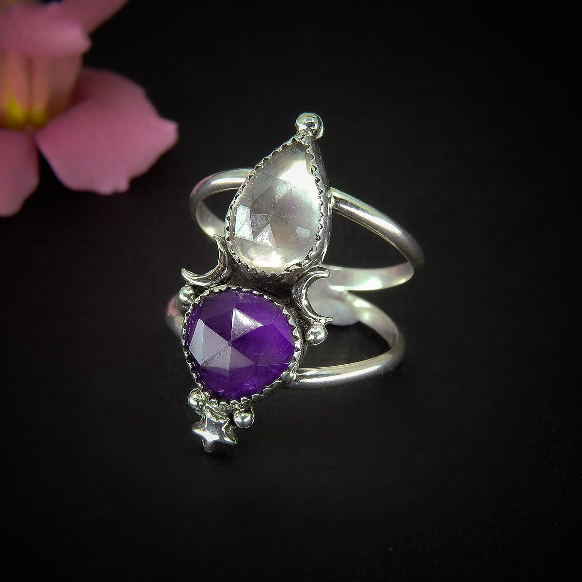 Rose Cut Amethyst & Angel Aura Quartz Ring - Size 10 1/4 - Sterling Silver - Amethyst Ring - Moon Ring - Star Jewellery - Faceted Amethyst
