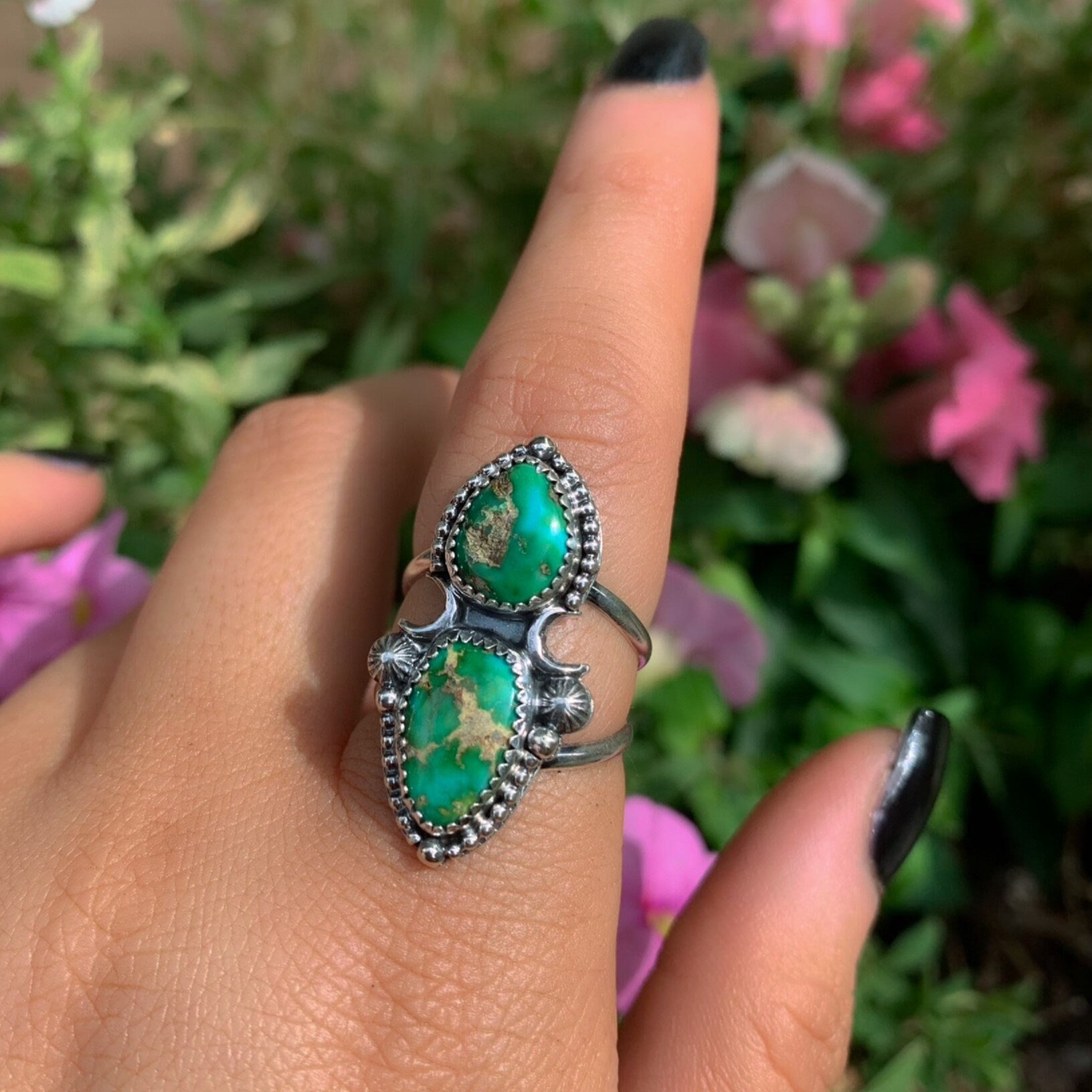 Sonoran Gold Turquoise Ring - Size 7 1/2 - Sterling Silver - Green Turquoise Jewellery - Aqua Turquoise Jewelry - Double Turquoise Ring