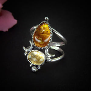 Rose Cut Citrine & Baltic Amber Ring - Size 9 1/2 - Sterling Silver - Citrine Ring - Moon Ring - Faceted Citrine Jewellery - Amber Jewelry