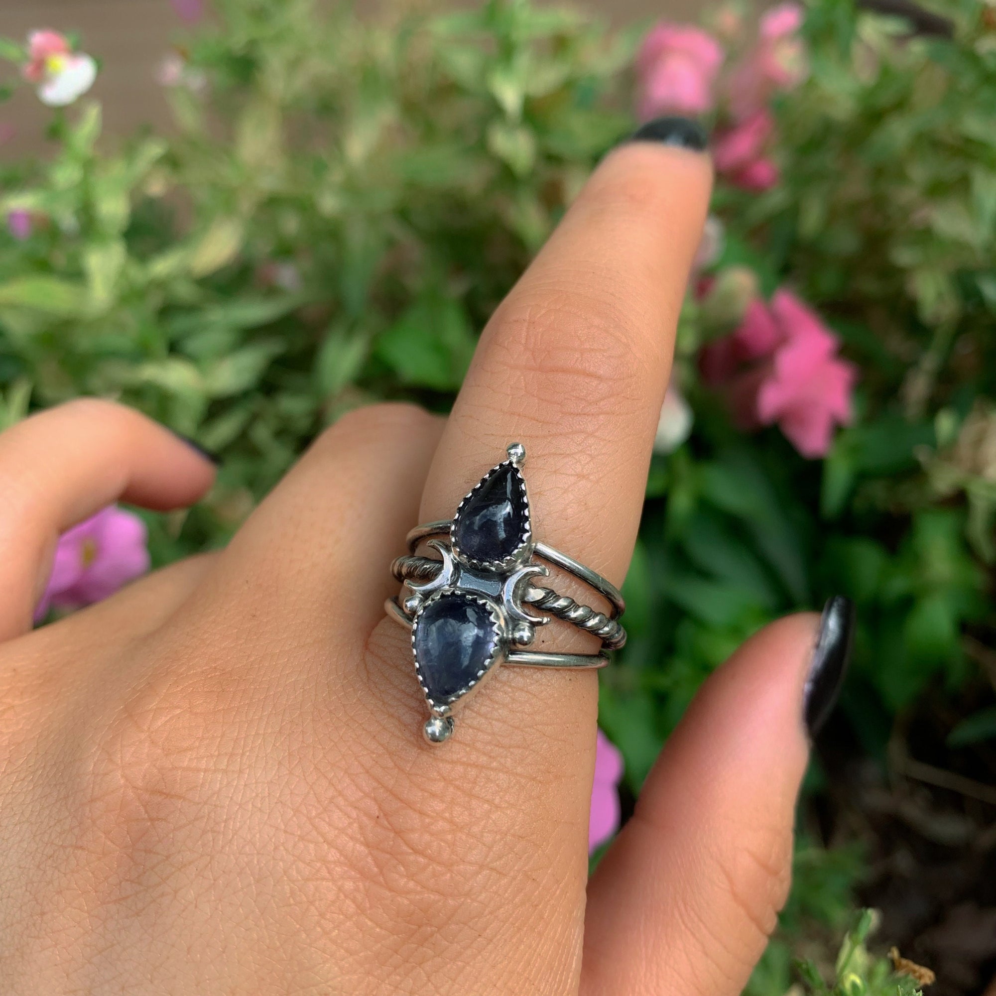 Iolite Ring - Size 8 to 8 1/4 - Sterling Silver - Double Iolite Moon Ring - Iolite Jewellery - Crescent Moon Double Stone Ring - Triple Band