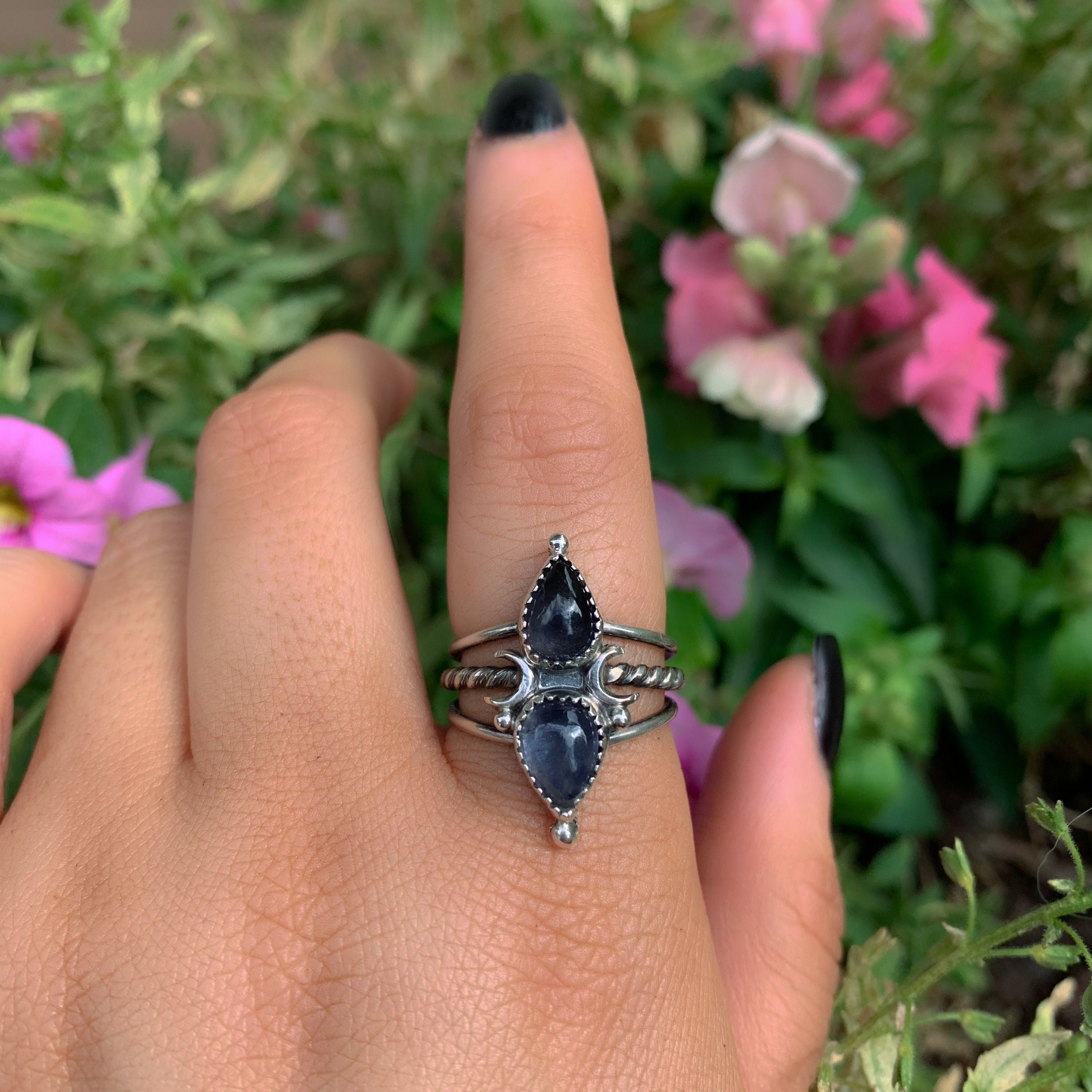 Iolite Ring - Size 8 to 8 1/4 - Sterling Silver - Double Iolite Moon Ring - Iolite Jewellery - Crescent Moon Double Stone Ring - Triple Band