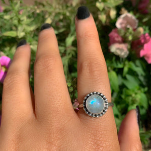 Moonstone Ring - Size 8 - Sterling Silver - Rainbow Moonstone Statement Ring - Blue Flash Moonstone Jewellery, Round Moonstone Ring OOAK