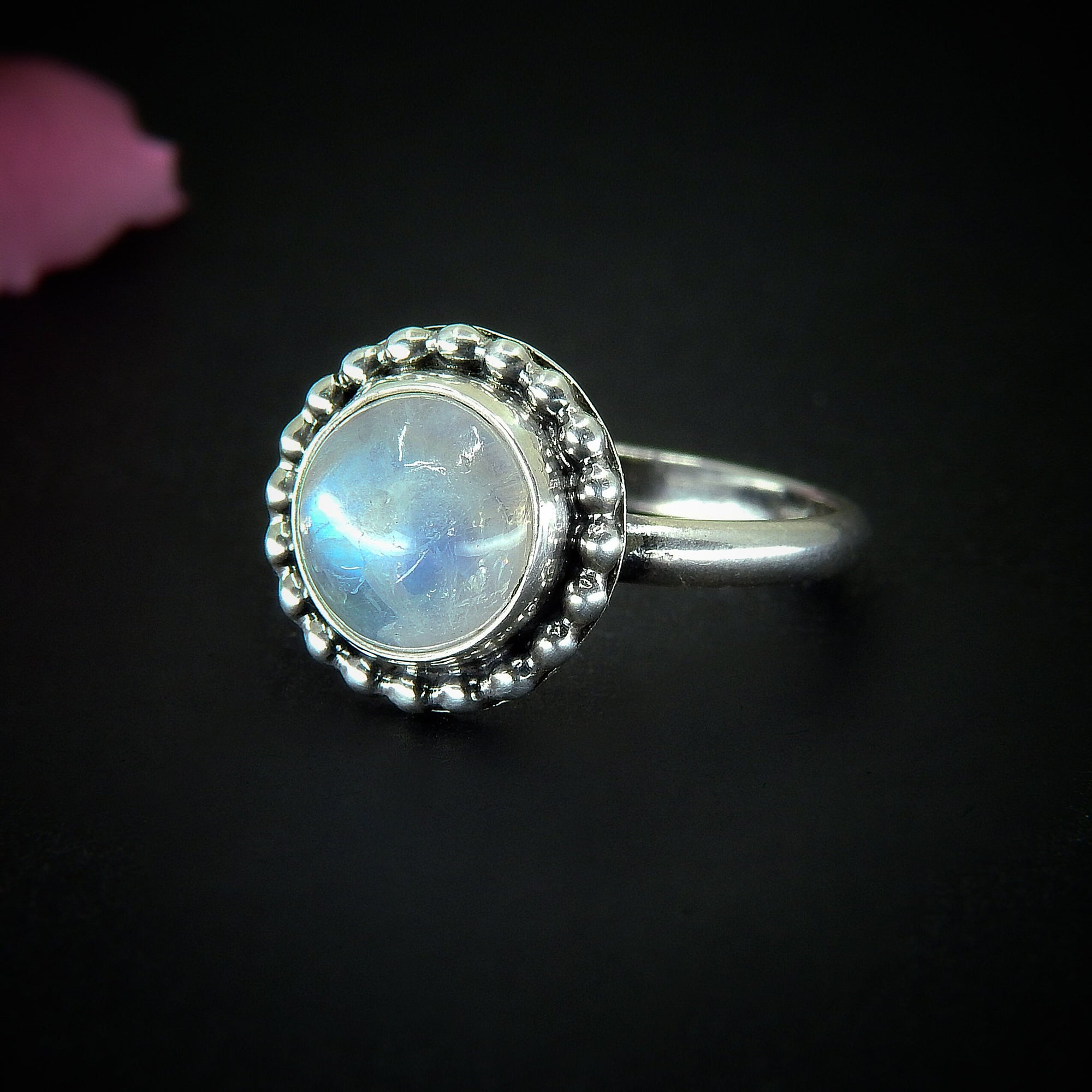 Moonstone Ring - Size 8 - Sterling Silver - Rainbow Moonstone Statement Ring - Blue Flash Moonstone Jewellery, Round Moonstone Ring OOAK