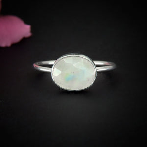 Rose Cut Moonstone Ring - Size 8 - Sterling Silver - Faceted Moonstone Ring - Dainty Rainbow Moonstone Ring - Oval Moonstone Jewellery OOAK