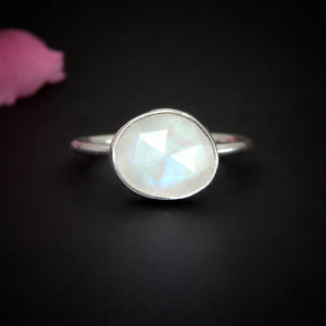 Rose Cut Moonstone Ring - Size 5 1/4 - Sterling Silver - Faceted Moonstone Ring - Dainty Rainbow Moonstone Ring - Oval Moonstone Jewellery