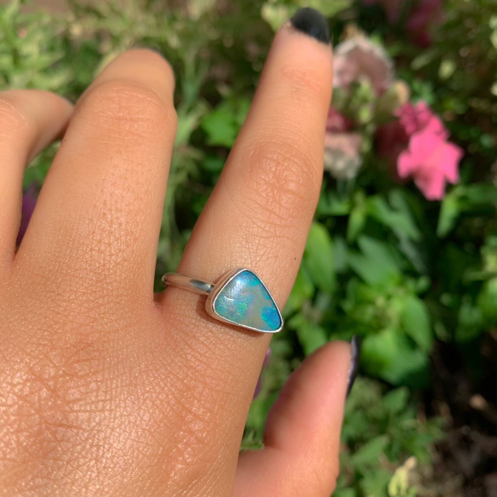 Australian Boulder Opal Ring - Size 10 1/4 - Sterling Silver - Lightning Ridge Opal Ring, Dainty Opal Jewelry, Solid Australian Opal Jewelry
