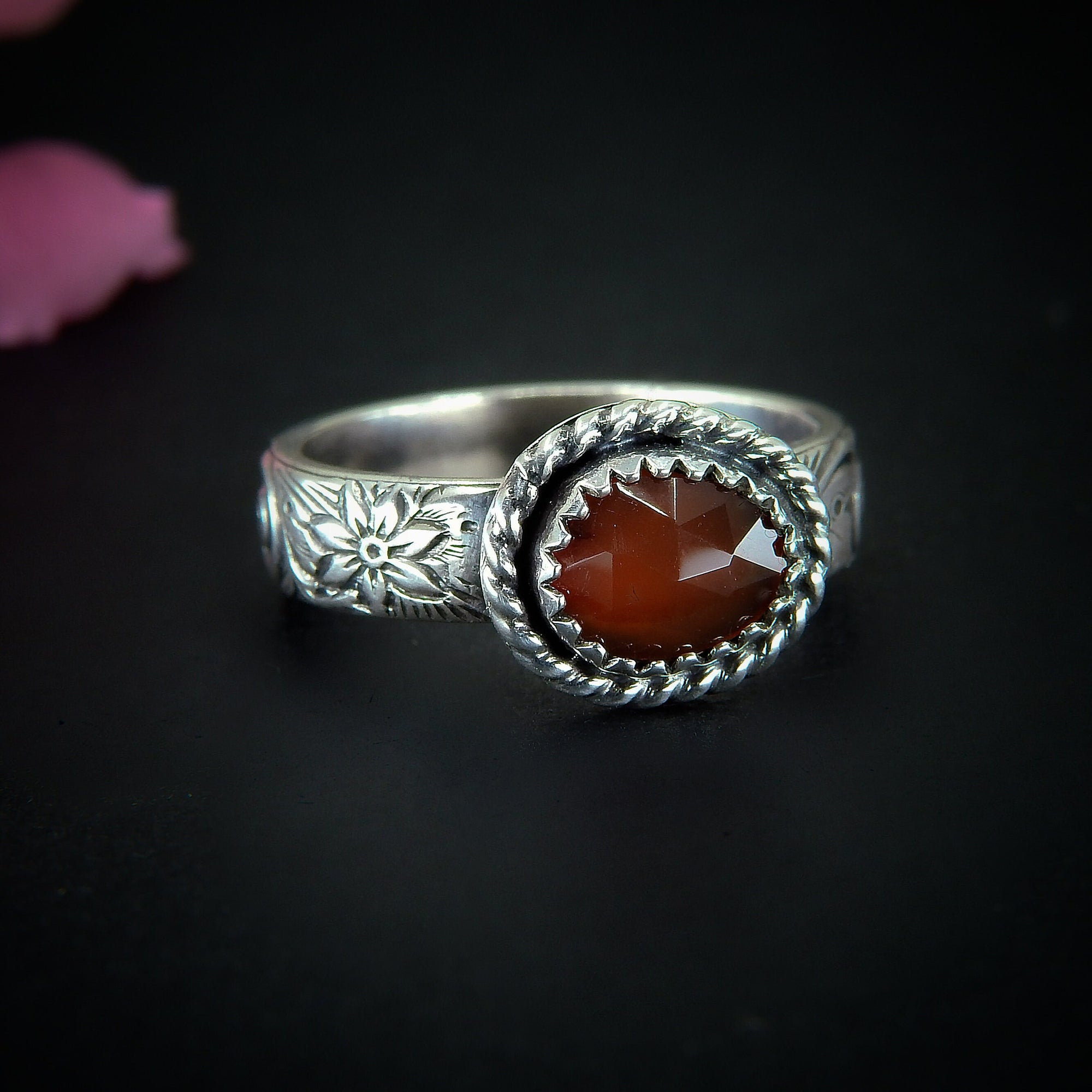 Rose Cut Carnelian Ring - Size 8 1/2 - Sterling Silver - Orange Carnelian Jewelry - Faceted Carnelian Jewellery - Red Carnelian Thick Band