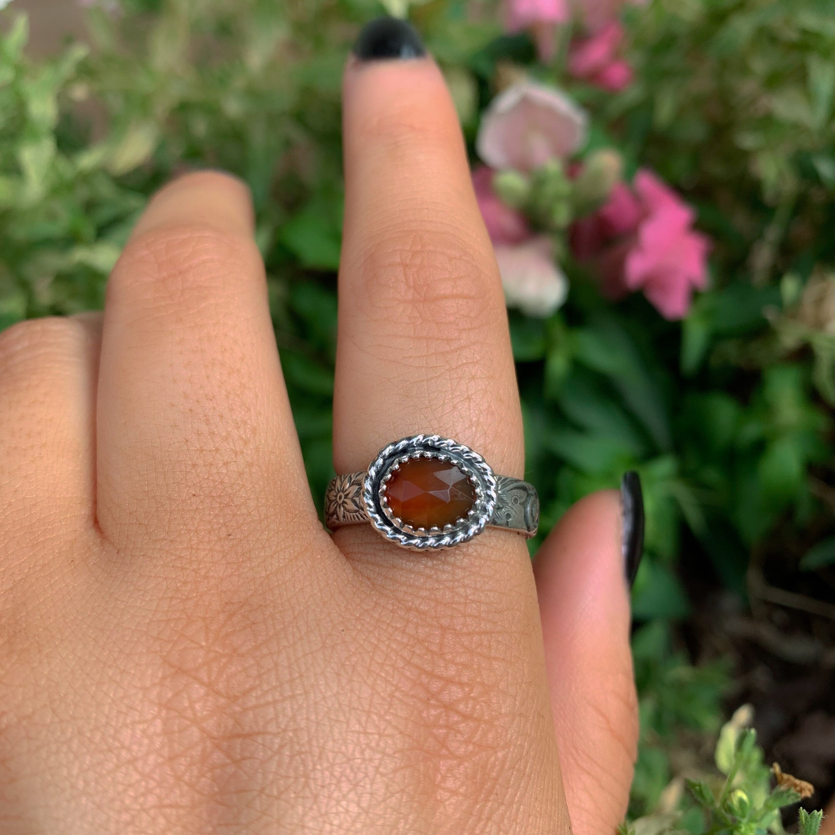 Rose Cut Carnelian Ring - Size 8 1/2 - Sterling Silver - Orange Carnelian Jewelry - Faceted Carnelian Jewellery - Red Carnelian Thick Band