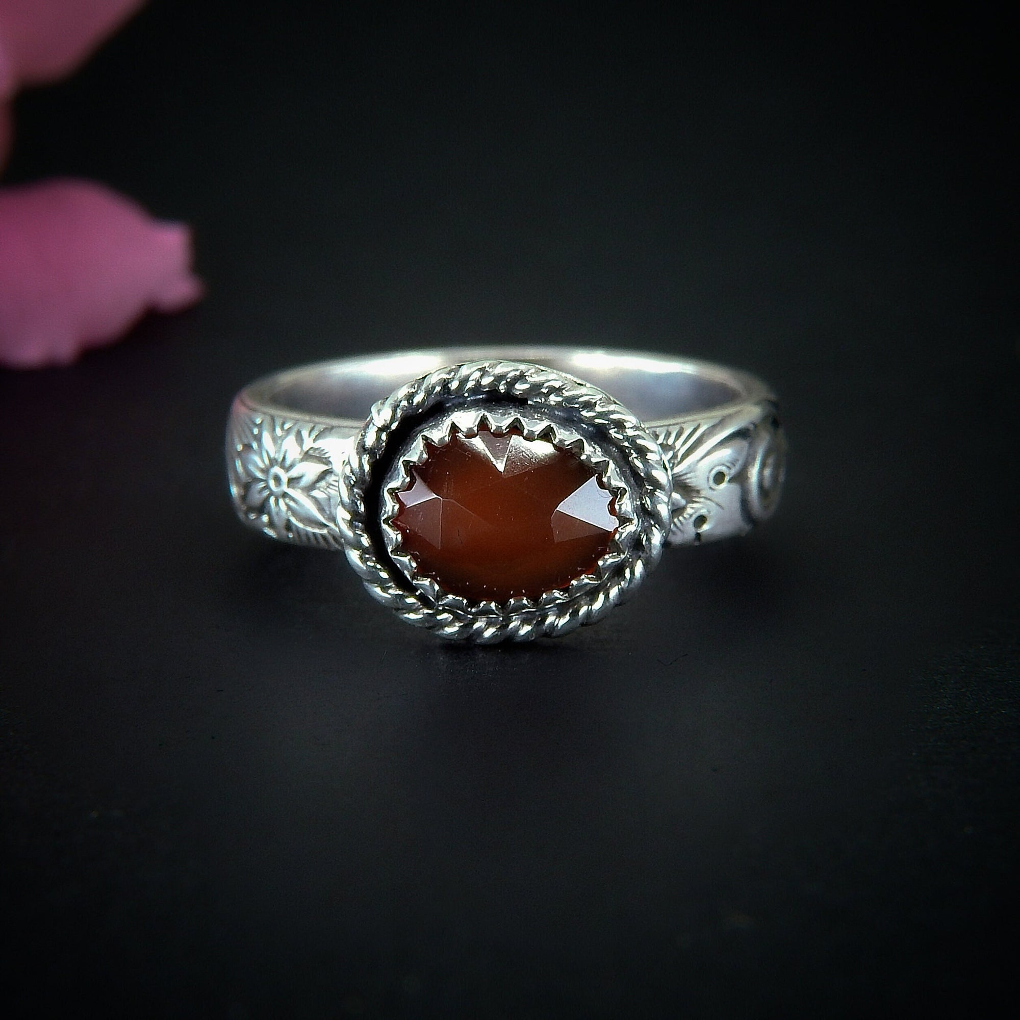 Rose Cut Carnelian Ring - Size 8 1/2 - Sterling Silver - Orange Carnelian Jewelry - Faceted Carnelian Jewellery - Red Carnelian Thick Band