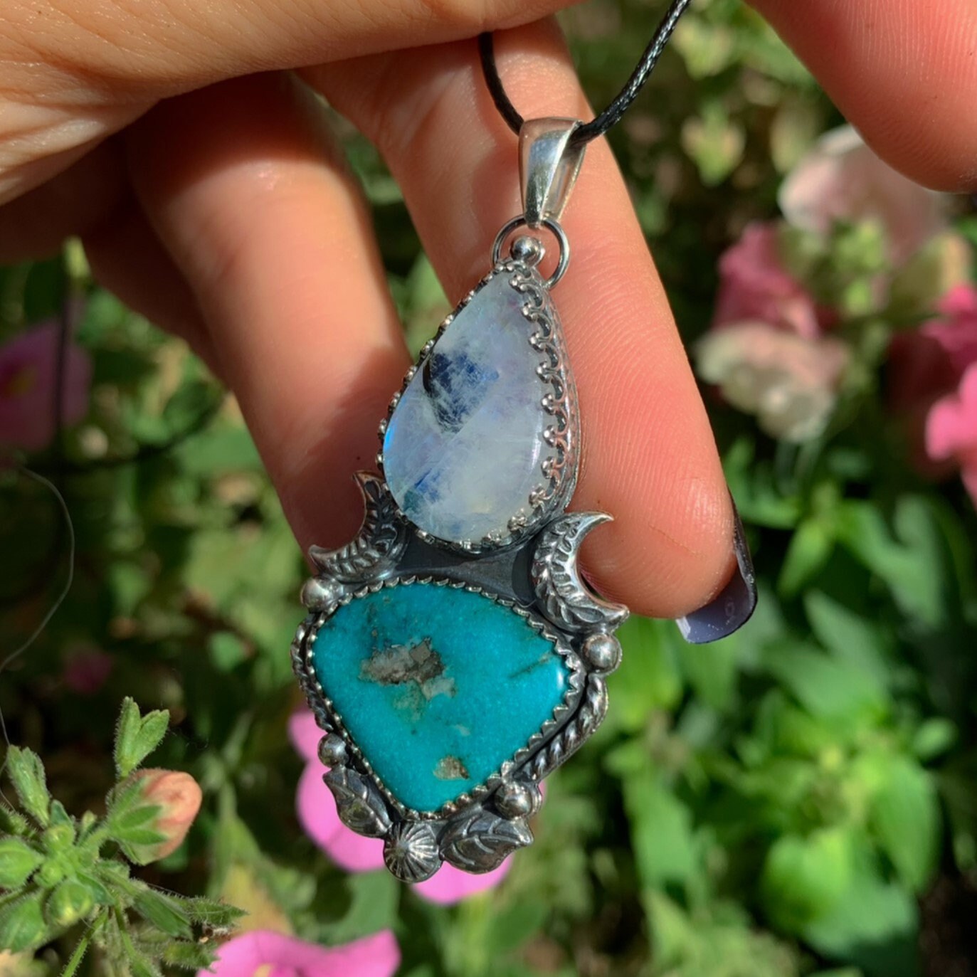 Kingman Turquoise & Moonstone Pendant - Sterling Silver - Blue Kingman Turquoise Pendant - Crescent Moon Necklace - Double Stone Amulet
