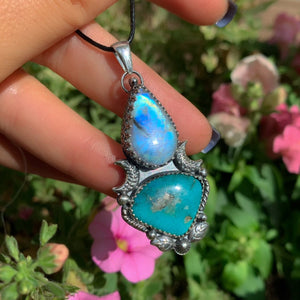 Kingman Turquoise & Moonstone Pendant - Sterling Silver - Blue Kingman Turquoise Pendant - Crescent Moon Necklace - Double Stone Amulet
