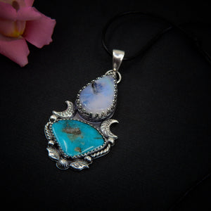 Kingman Turquoise & Moonstone Pendant - Sterling Silver - Blue Kingman Turquoise Pendant - Crescent Moon Necklace - Double Stone Amulet