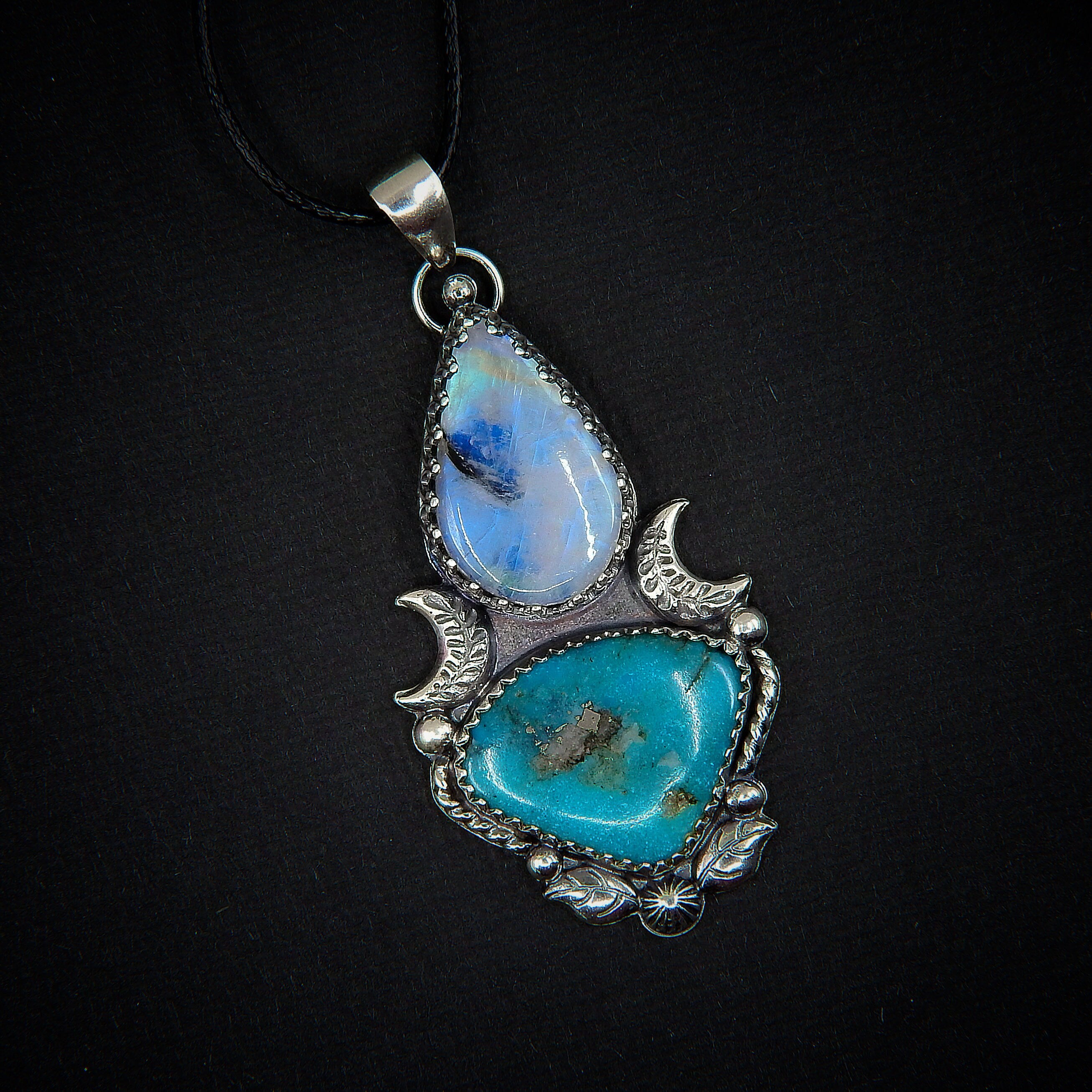 Kingman Turquoise & Moonstone Pendant - Sterling Silver - Blue Kingman Turquoise Pendant - Crescent Moon Necklace - Double Stone Amulet