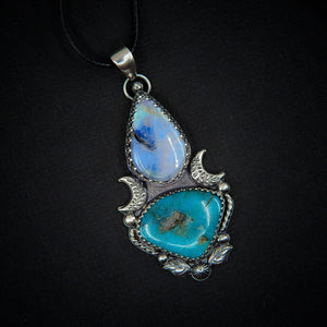 Kingman Turquoise & Moonstone Pendant - Sterling Silver - Blue Kingman Turquoise Pendant - Crescent Moon Necklace - Double Stone Amulet