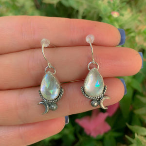 Angel Aura Quartz Earrings - Sterling Silver - Pastel Rainbow Crystal Earrings - Aura Quartz Moon Earrings - Rainbow Gemstone Dangles OOAK -