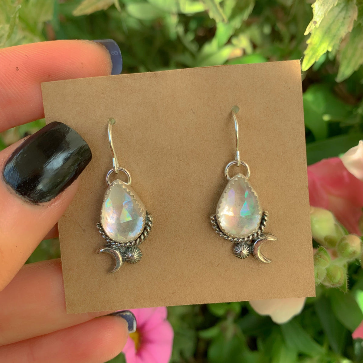 Angel Aura Quartz Earrings - Sterling Silver - Pastel Rainbow Crystal Earrings - Aura Quartz Moon Earrings - Rainbow Gemstone Dangles OOAK -