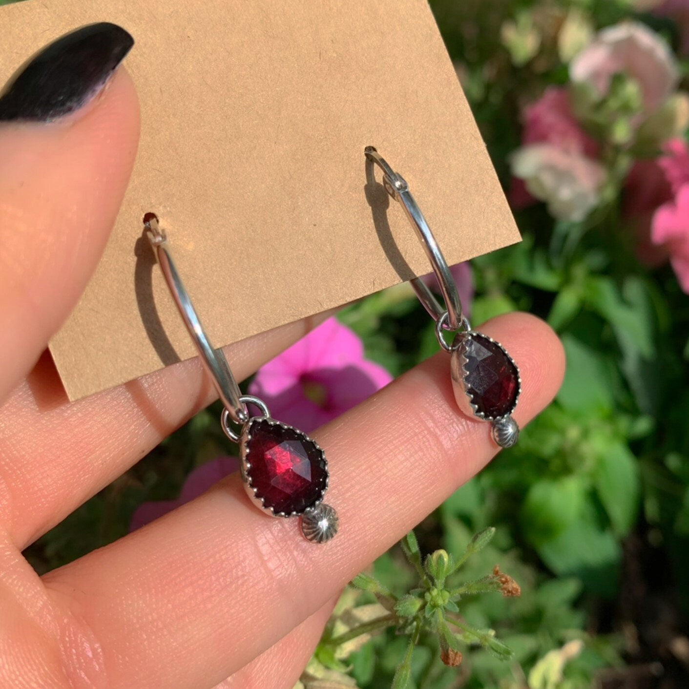 Rose Cut Rhodonite Garnet Earrings - Sterling Silver - Faceted Garnet Hoop Earrings - Garnet Sleeper Earrings, Pink Garnet Hoops, Red Garnet