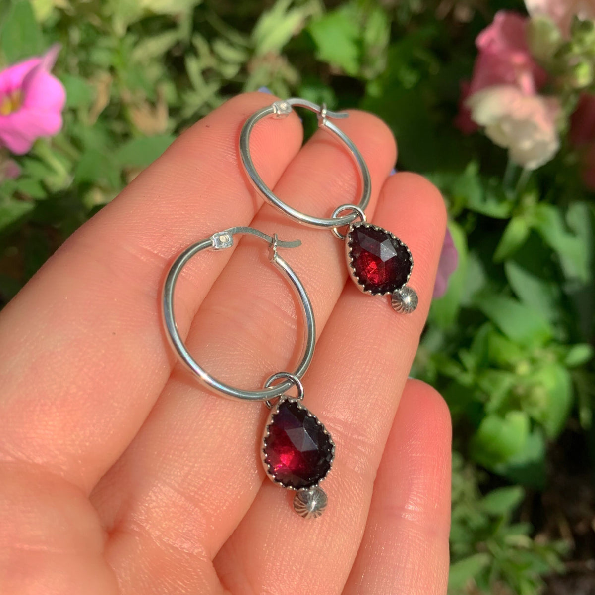 Rose Cut Rhodonite Garnet Earrings - Sterling Silver - Faceted Garnet Hoop Earrings - Garnet Sleeper Earrings, Pink Garnet Hoops, Red Garnet