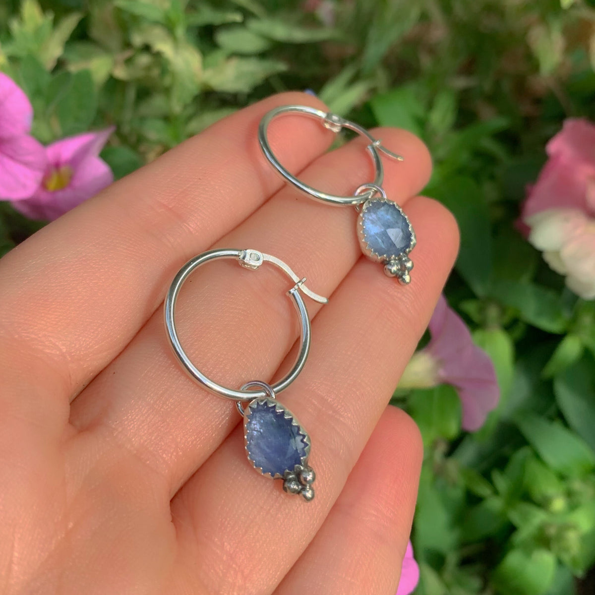 Rose Cut Tanzanite Earrings - Sterling Silver - Faceted Tanzanite Hoop Earrings - Tanzanite Sleeper Earrings, Tanzanite Hoops, OOAK Sleepers