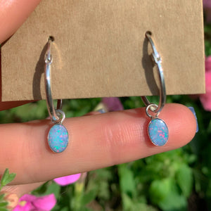 Australian Opal Earrings - Sterling Silver - Rainbow Opal Hoop Earrings - Blue Opal Sleeper Earrings, Coober Pedy Opal Hoops, Opal Sleepers