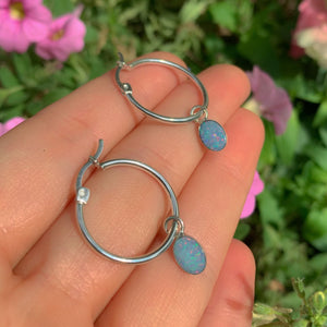 Australian Opal Earrings - Sterling Silver - Rainbow Opal Hoop Earrings - Blue Opal Sleeper Earrings, Coober Pedy Opal Hoops, Opal Sleepers