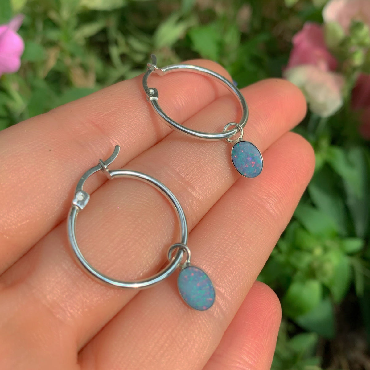 Australian Opal Earrings - Sterling Silver - Rainbow Opal Hoop Earrings - Blue Opal Sleeper Earrings, Coober Pedy Opal Hoops, Opal Sleepers